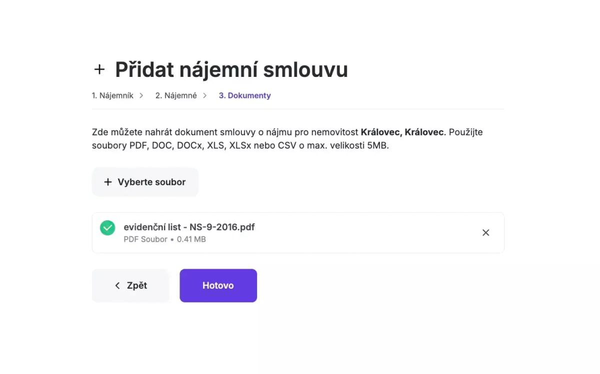 Volitelné nahrání dokumnetů pro nájemní smlouvu